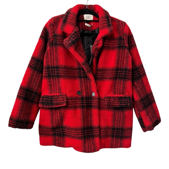Stoosh Jackets & Blazers - Stoosh Peacoat Jacket Double Breasted in Red and Black Plaid Size L